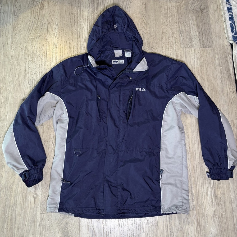 FILA Blue Gray Ski Snowboard Reflective Hooded Jacket Coat Men's XXL Vintage